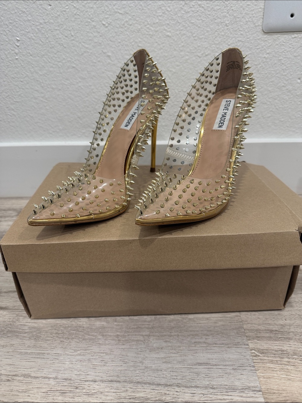 Steve Madden Nude and Clear Gold Spike Stiletto Pumps
